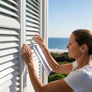 Homeowner inspecting accordion shutters with a checklist &mdash; focusing on readiness and component condition