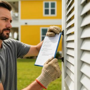 Homeowner inspecting hurricane shutters for corrosion and wear
