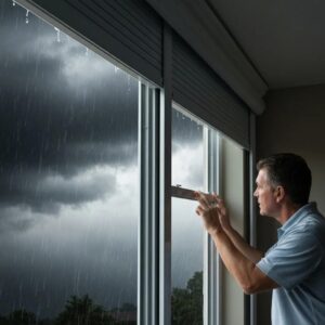 Homeowner inspecting stuck roll-down hurricane shutters during a storm