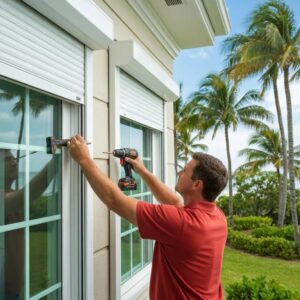 Homeowner installing roll-down hurricane shutters on a coastal home, showcasing tools and sunny environment