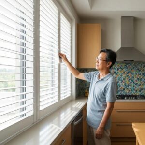 Owner rinsing and lubricating accordion shutters to meet maintenance guidelines