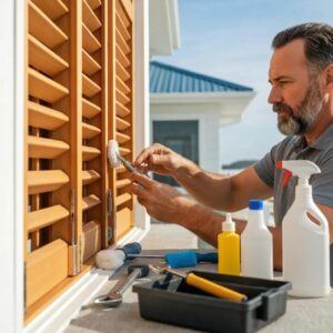 Homeowner cleaning and lubricating accordion shutter tracks and rollers
