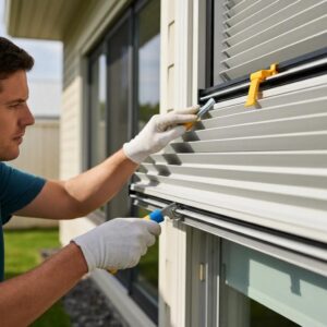 Homeowner cleaning and lubricating accordion shutters to maintain performance