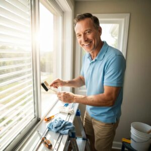 Homeowner performing routine maintenance on accordion shutters to extend service life