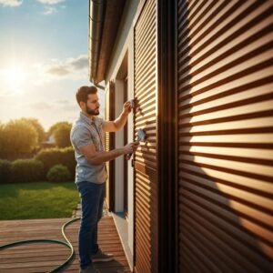 Homeowner performing routine maintenance on accordion shutters &mdash; cleaning and lubrication