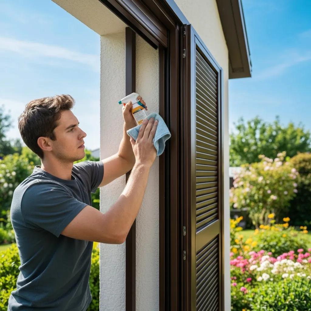 Homeowner performing maintenance on accordion shutters to ensure long-term performance