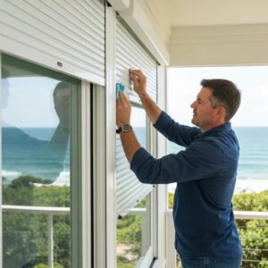 Homeowner inspecting roll-down hurricane shutters at a seaside property