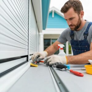 Homeowner maintaining roll down hurricane shutters, focusing on cleaning and lubrication tasks