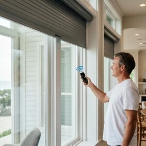 Homeowner using motorized roll-down shutters for quick storm protection