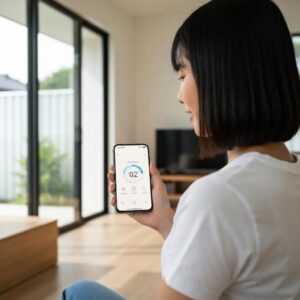 Homeowner using a remote to lower motorized roll‑down hurricane shutters