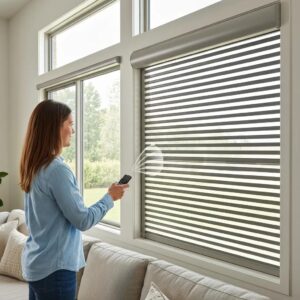 Homeowner using a remote to operate motorized roll-down hurricane shutters &mdash; quick, safe deployment