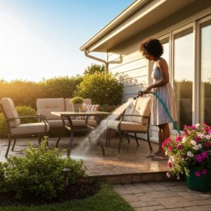 Homeowner performing maintenance on accordion hurricane shutters, focusing on cleaning tracks and lubricating moving parts