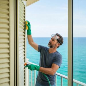 Homeowner performing seasonal maintenance on accordion shutters