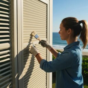 Homeowner performing maintenance on accordion shutters with tools