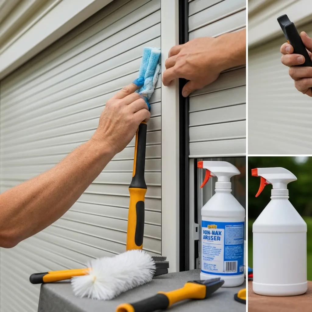 Homeowner-performing-maintenance-on-roll-down-hurricane-shutters-emphasizing-cleaning-and-inspection-60bac158-2ef2-4801-b799-c7e30b53b4f2webp - american hurricane shutters Homeowner checking and cleaning roll-down hurricane shutters during routine maintenance