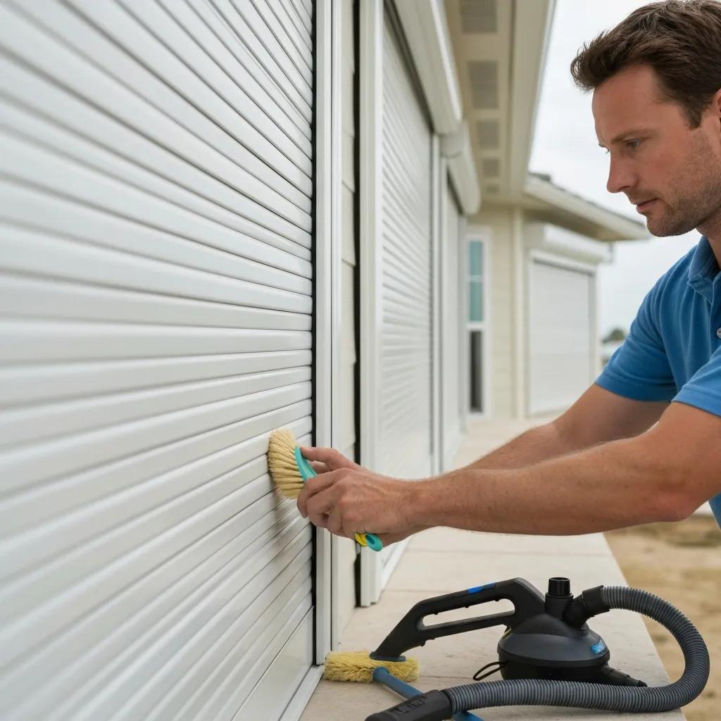 Homeowner performing routine maintenance on roll-down hurricane shutters