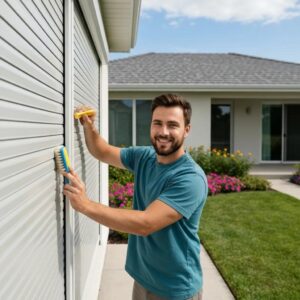 Homeowner inspecting roll-down shutters &mdash; seasonal maintenance for storm readiness