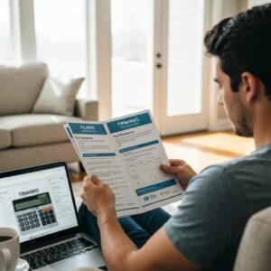 Homeowner comparing financing brochures for roll‑down hurricane shutters at a kitchen table