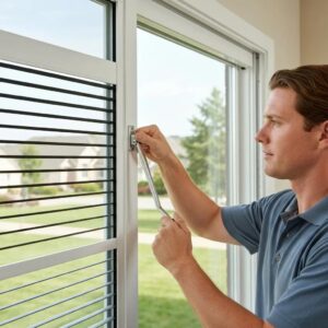 Homeowner using a hand crank to lower manual hurricane shutters on a window