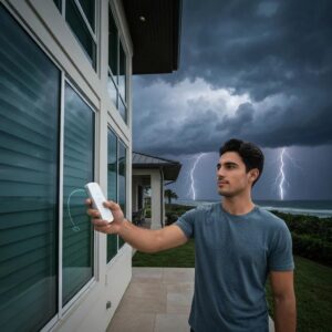 Homeowner using remote control for smart hurricane shutter system during storm preparation