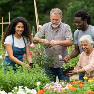 Homeowners discussing hurricane protection options with accordion shutters and storm panels in view