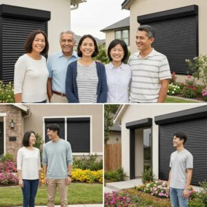 Homeowners sharing positive testimonials about roll-down shutters and their effectiveness