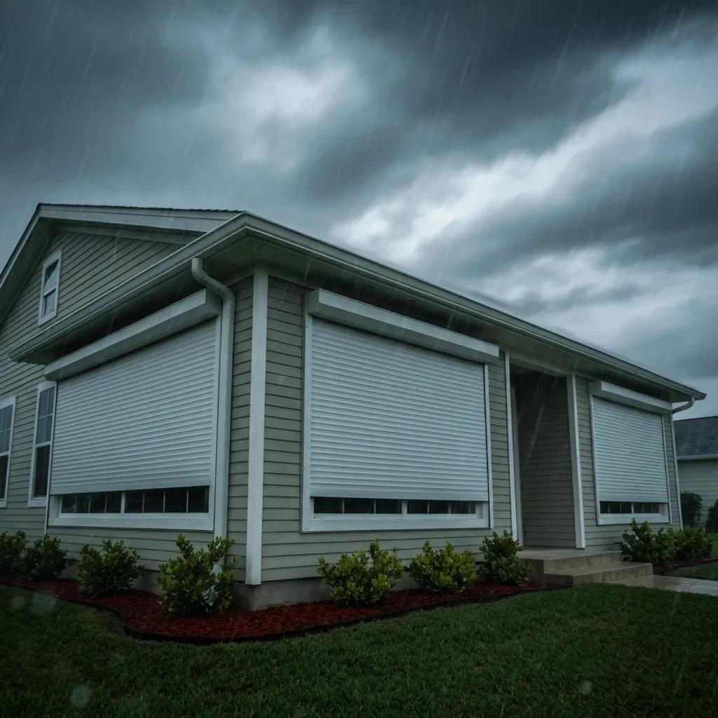 House with roll down hurricane shutters deployed during a storm, showcasing storm protection