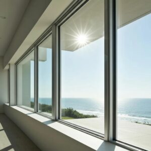 Hurricane impact windows in a modern home with coastal view, illustrating their aesthetic appeal and protective benefits