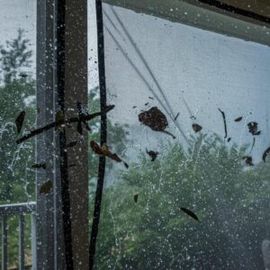 Hurricane mesh screens resisting debris and strong winds during a storm