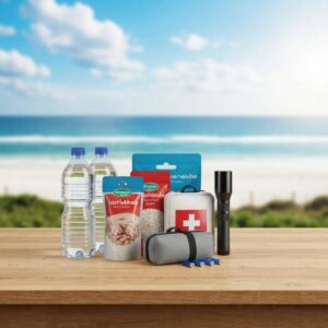 Packaged hurricane preparedness kit with water, first aid, and power supplies