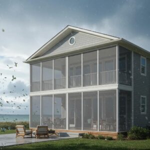 Hurricane protection screens on a modern coastal home during a storm, highlighting their strength and visibility