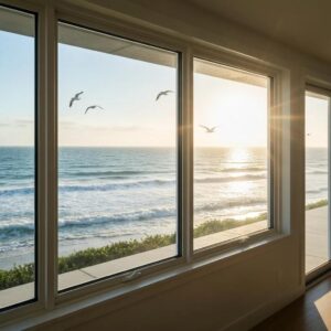 Impact-resistant windows in a coastal home, showcasing laminated glass and energy efficiency benefits