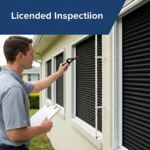 Inspector evaluating accordion shutters during a wind mitigation inspection