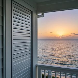 Coastal home with aluminum hurricane shutters installed, showing resistance to salt air and wear