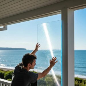 Technician installing clear polycarbonate storm panel for hurricane protection