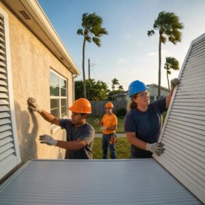 Installers wearing PPE and following safety procedures during hurricane shutter installation