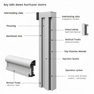 Diagram showing housing, slats, and tracks of roll-down shutters