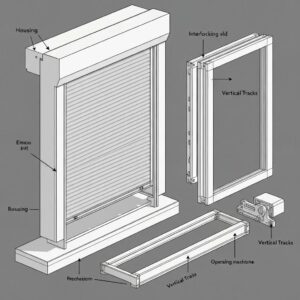 Diagram showing shutter housing, interlocking slats, side tracks, and operating mechanism