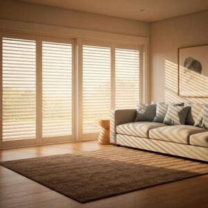 Living room with partially closed roll down shutter, showing reduced glare and improved comfort