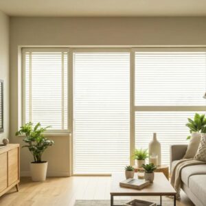 Living room with partially open accordion shutters, illustrating energy efficiency and comfort