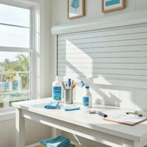 Maintenance tools and products for roll-down hurricane shutters in a coastal setting