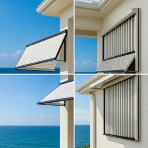 Manual and automated accordion shutters on a coastal home, illustrating hurricane protection features