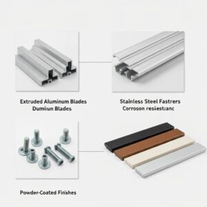Materials used in accordion shutters including aluminum, stainless steel, and powder coatings