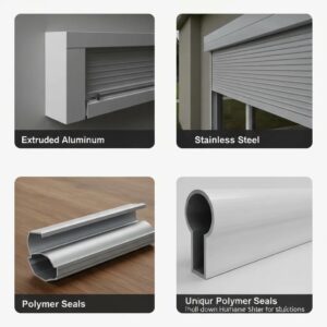 Aluminum slats and corrosion‑resistant fasteners used in roll‑down shutters
