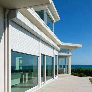 Modern coastal home with integrated roll down hurricane shutters enhancing aesthetic appeal