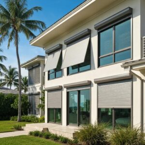 Modern coastal home with roll down hurricane shutters partially closed, showcasing protection and aesthetic appeal