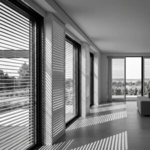 Modern home featuring accordion shutters on large openings, highlighting functionality and aesthetic appeal