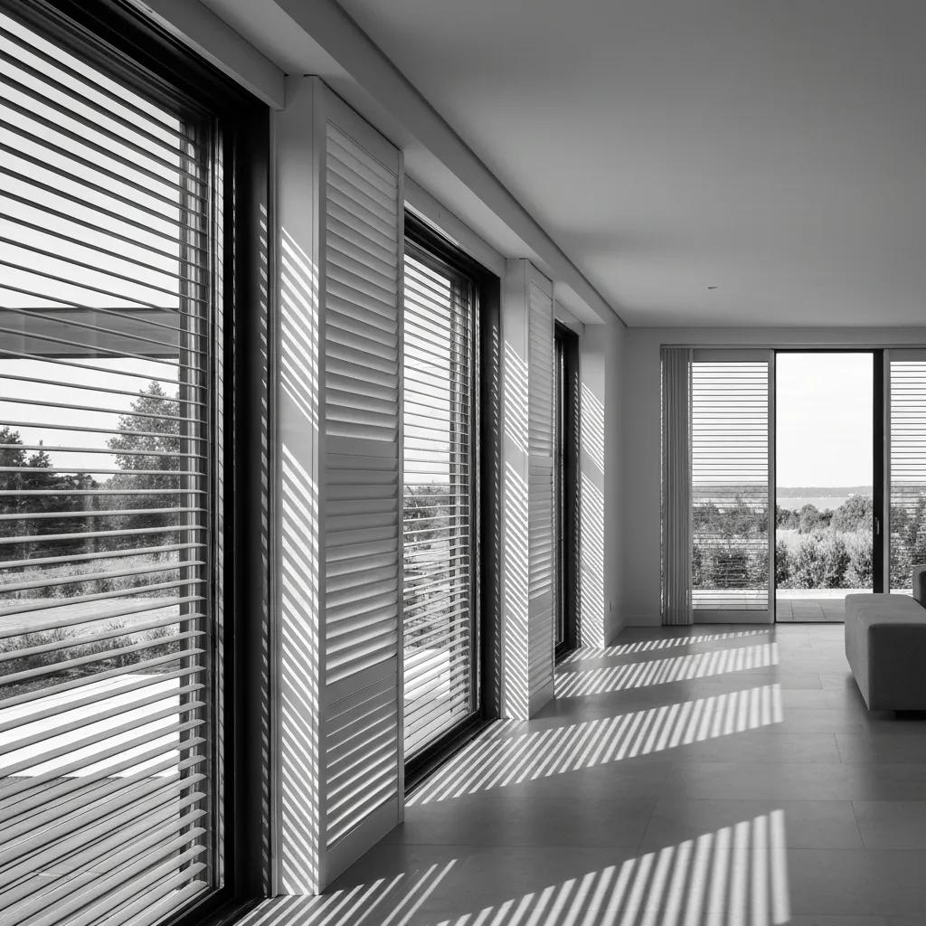 - american hurricane shutters Modern home featuring accordion shutters on large openings, highlighting functionality and aesthetic appeal