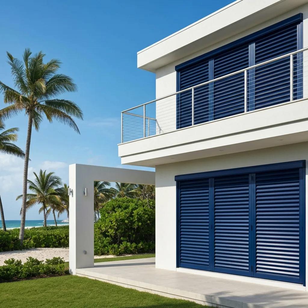 Modern home with accordion shutters highlighting storm protection features