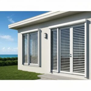 Modern home with accordion shutters showcasing storm protection features